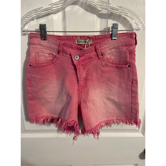 luvamia Crossover Waist Denim Shorts Size S Pink (Snow Wash) New With Tag - Picture 3 of 8
